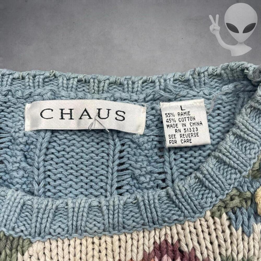 Vintage Chaus Womens Large Cable Knit Sweater 3D Rose Floral Grandmacore Blue - Picture 3 of 5